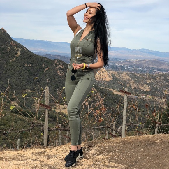 bebe olive green denim jumpsuit sleveless front zipper - Picture 3 of 17